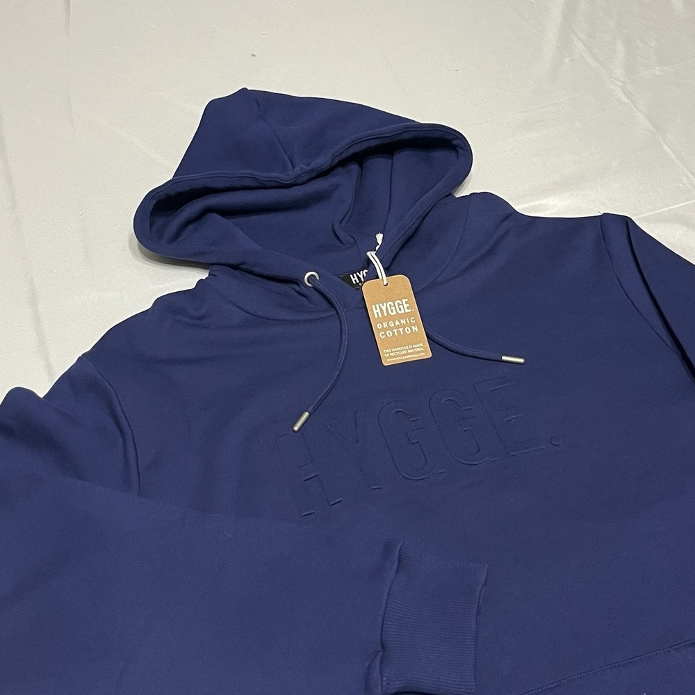 NWT HYGGE Copenhagen Organic Cotton Hoodie Adult L Blue Scandinavian Pullover